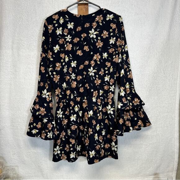 Sugar Lips Navy Blue Floral Long Bell Sleeve Boho Romper Size M - Picture 5 of 11